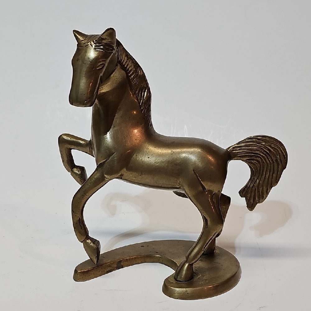 Vintage Rearing Horse Stallion Brass Sculpture w/ Curved Base Made in India